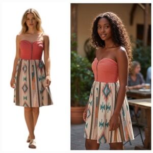 Strapless Dress, Windsor Aztec Print with Orange Bodice Size Juniors Small